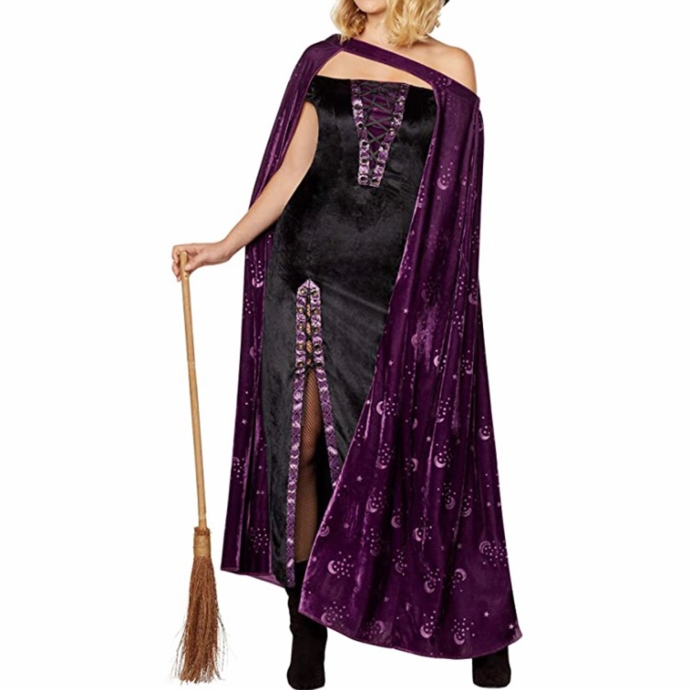 Women's Purple and Black Velvet Witch Costume Cape Dress
